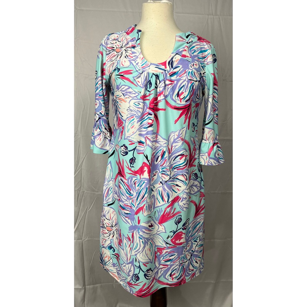Ramy Brook Womens S Tunic Dress Ruffle Sleeve Aqua Floral Print